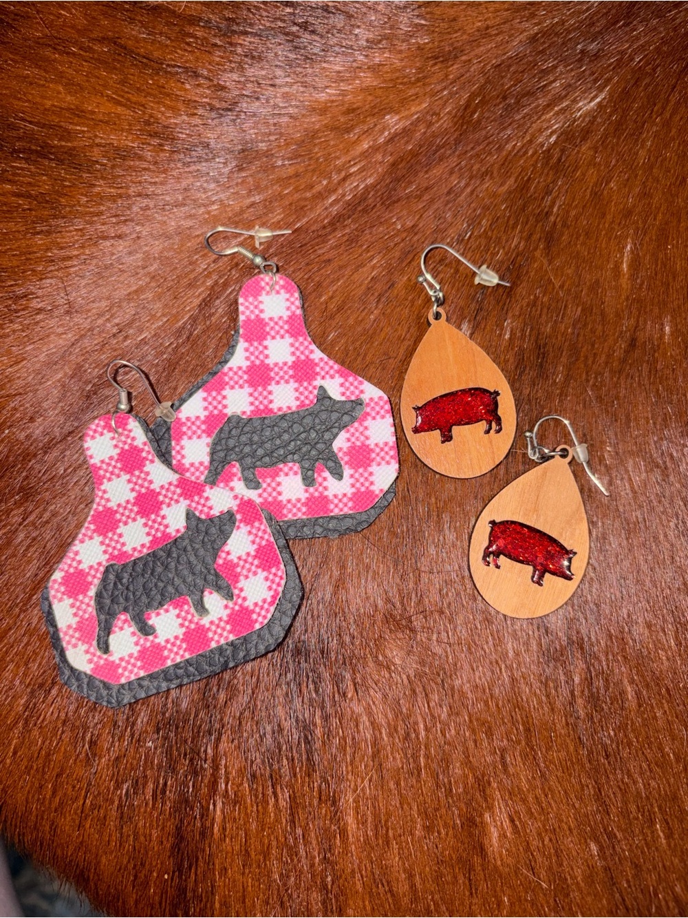 Pink Plaid Pig Drop Earrings/ wood teardrop